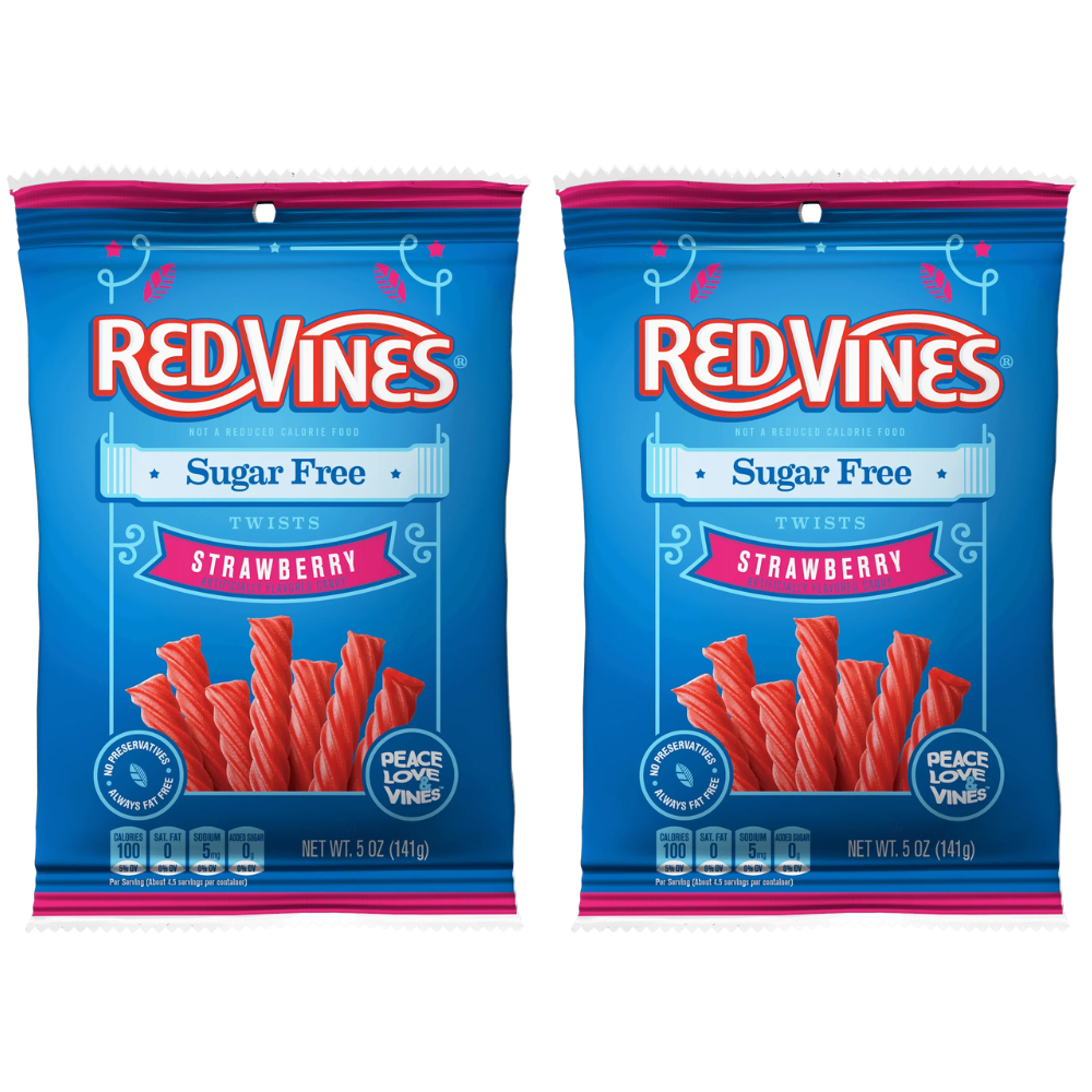 Red Vines Sugar Free Strawberry Licorice Twists 2 Pack (5oz Each), Soft & Chewy Candy, Low Calorie Snack