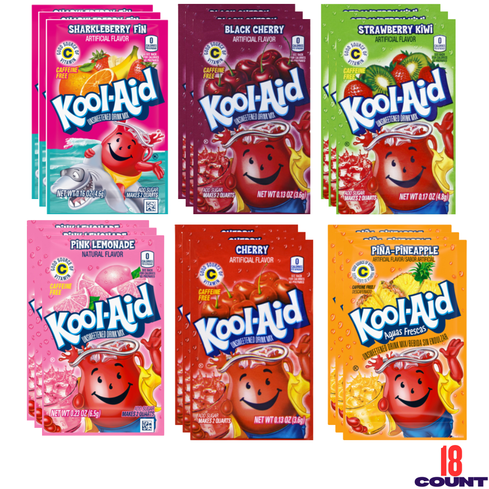 Kool-Aid Drink Mix Variety Pack 12 Count, Assorted Flavors (3 Each: Sharkleberry Fin, Black Cherry, Strawberry Kiwi, Pink Lemonade, Cherry, Piña Pineapple)