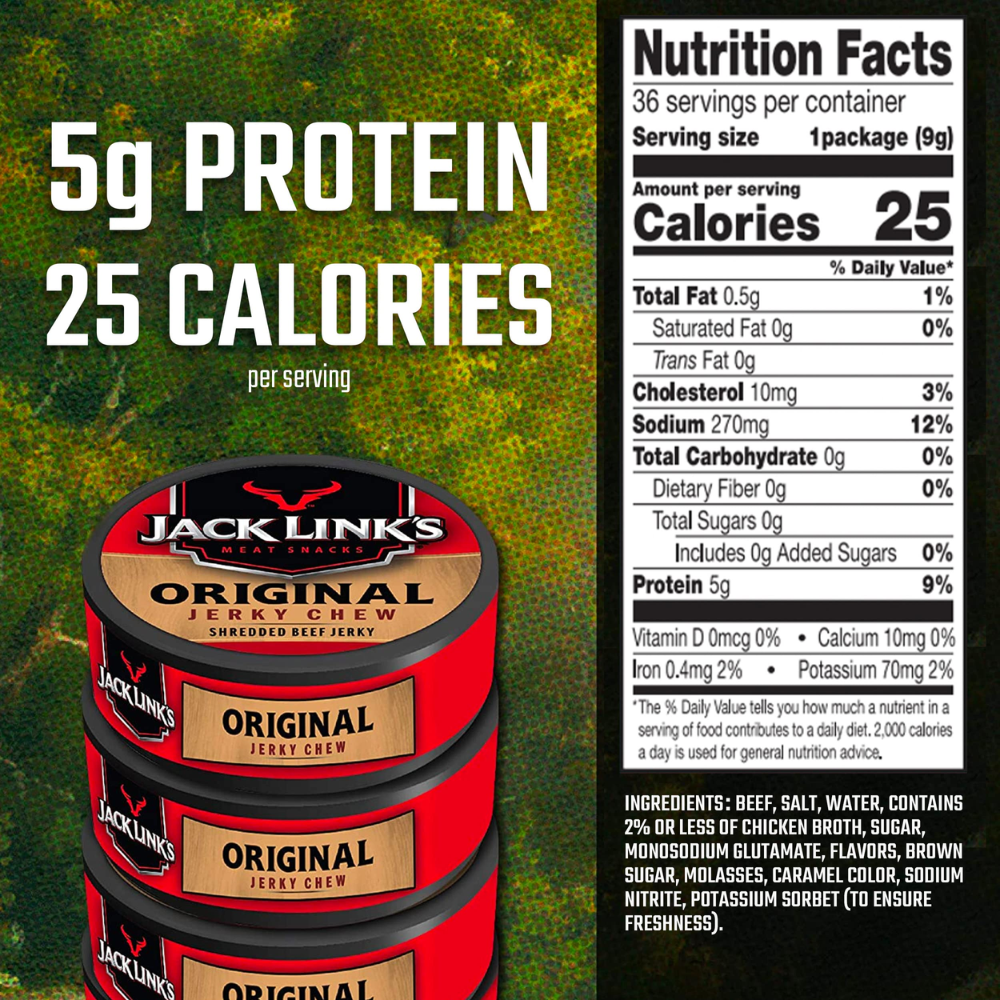 Jack Link’s Original Jerky Chew 4 Pack (.32 oz Cans), Shredded Beef Jerky Snack, High Protein Meat Snack