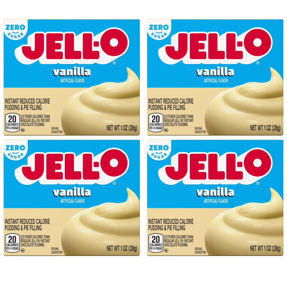 Jell-O Zero Sugar Vanilla Pudding Mix 4 Pack, Low Calorie Instant Dessert, No Bake Pie Filling, Sugar Free Snack