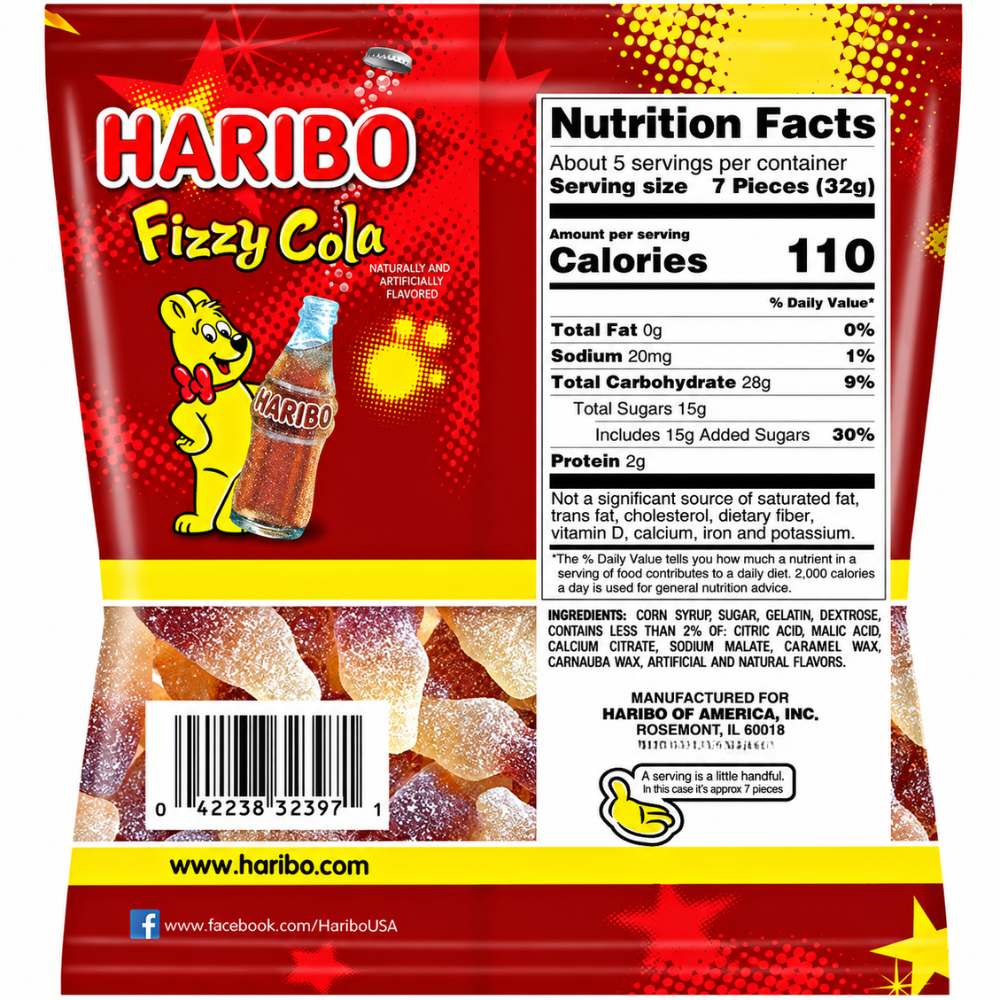HARIBO Fizzy Cola Gummy Candy 2 Pack (5oz Each), Sour Cola Bottle Gummies, Soft & Chewy Sweet Snacks