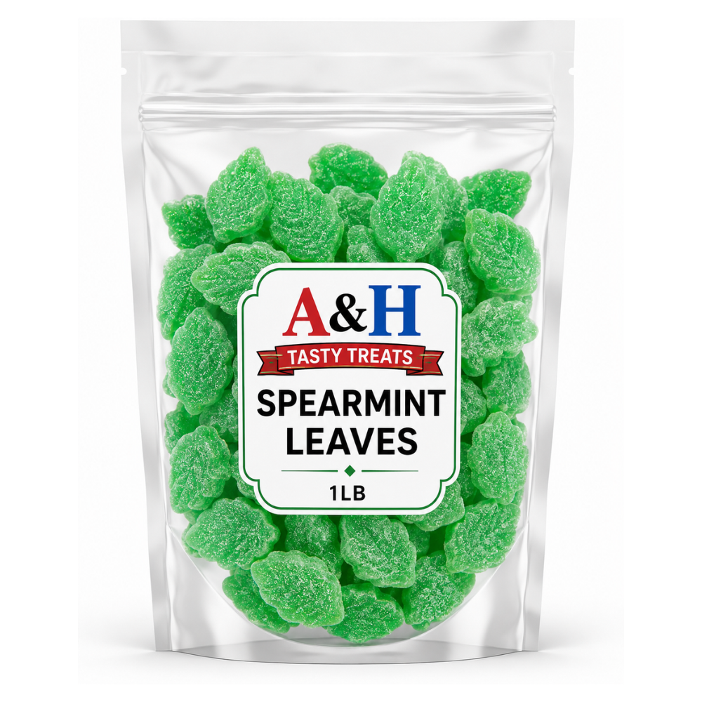 Spearmint Leaves Candy 1 lb Bulk Bag, Soft & Chewy Sugar Sanded Mint Gummies, Green Spearmint Jelly Candy)
