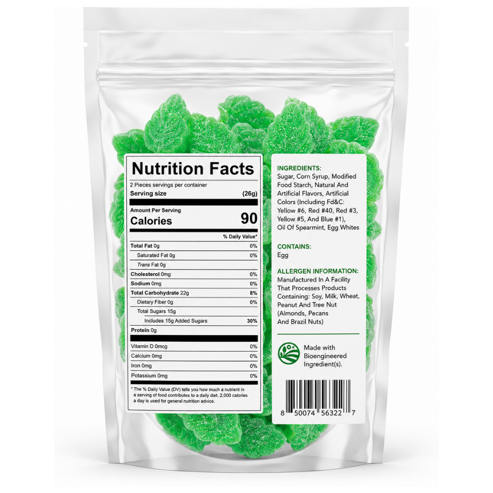 Spearmint Leaves Candy 1 lb Bulk Bag, Soft & Chewy Sugar Sanded Mint Gummies, Green Spearmint Jelly Candy)