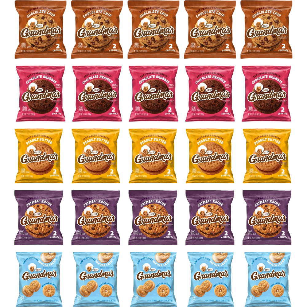 Grandma’s Cookies Variety Pack 25 Count, Assorted Flavors (5 of each - Chocolate Chip, Brownie, Peanut Butter, Oatmeal Raisin, Mini Vanilla Sandwiches)