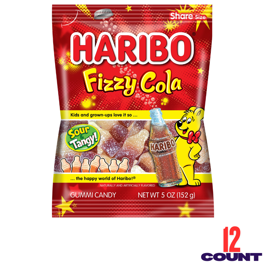 HARIBO Fizzy Cola Gummy Candy 12 Pack (5oz Each), Sour Cola Bottle Gummies, Soft & Chewy Sweet Snacks