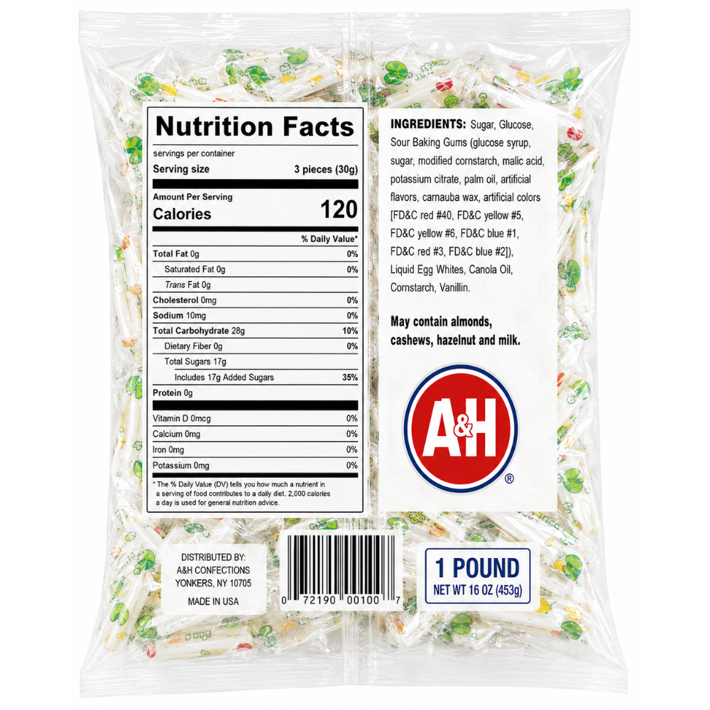 SOUR Jujube Nougat Chewy Candy 16 oz Bulk Bag, Soft Marshmallow Nougat with Fruity Jelly Pieces, Individually Wrapped Retro Candy