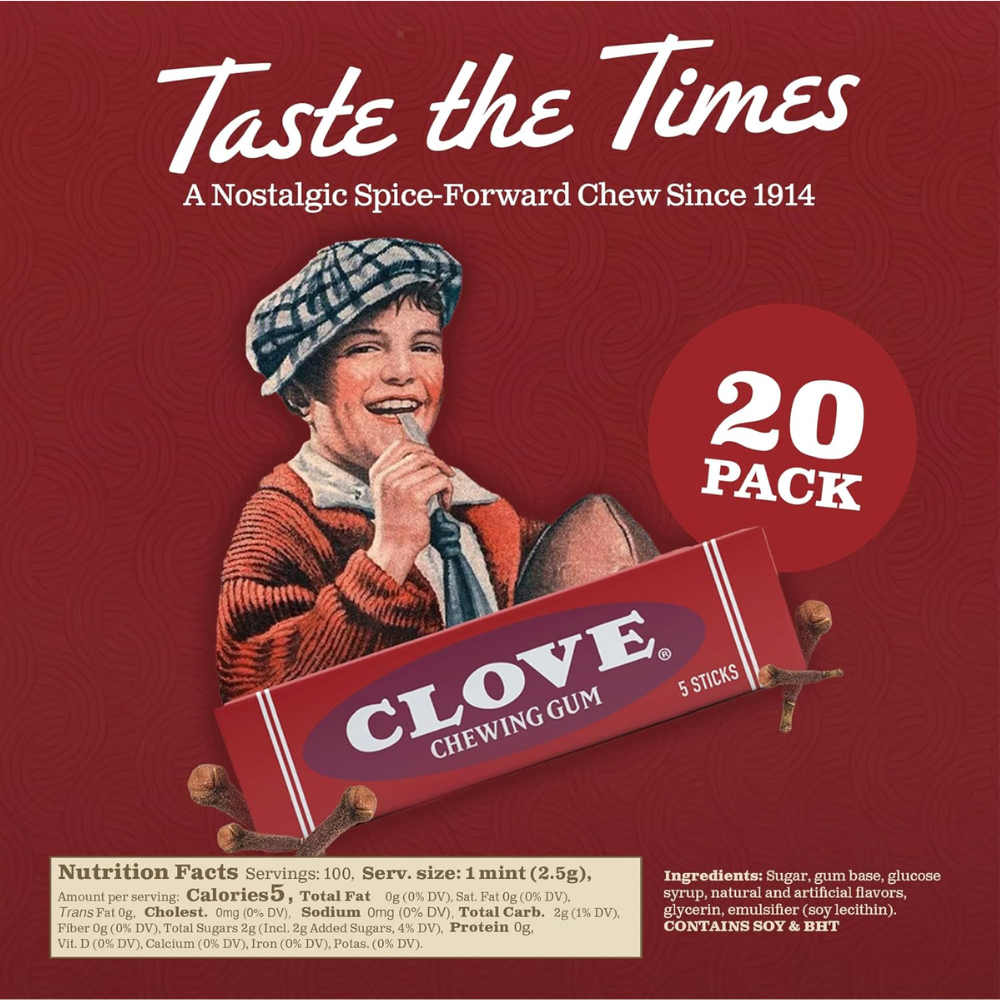 Clove Chewing Gum Bulk Pack 100 Count, Vintage Spice Flavor Gum, Individually Wrapped Retro Candy, Gluten Free