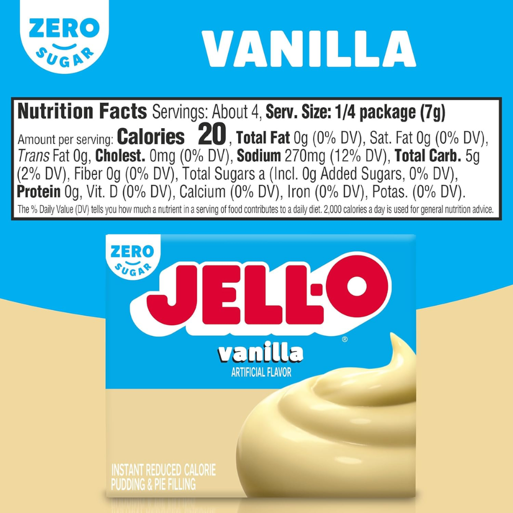 Jell-O Zero Sugar Pudding Mix 2 Pack, Vanilla & Coconut Cream, Low Calorie Instant Dessert, No Bake Pie Filling