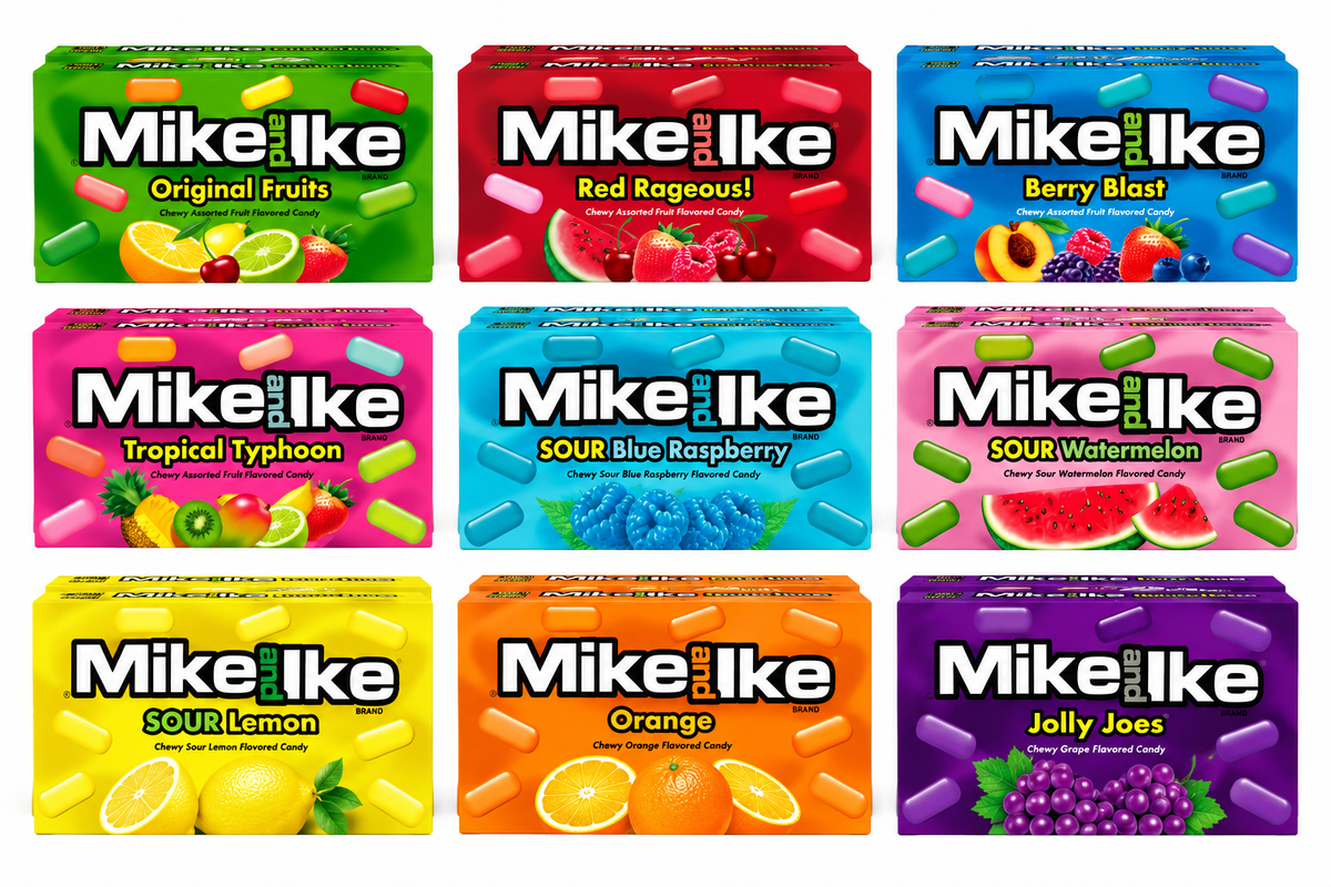 Mike and Ike Variety Pack 18 Mini Candy Boxes 9 Flavors 0.78 OZ Each 2 Boxes Per Flavor