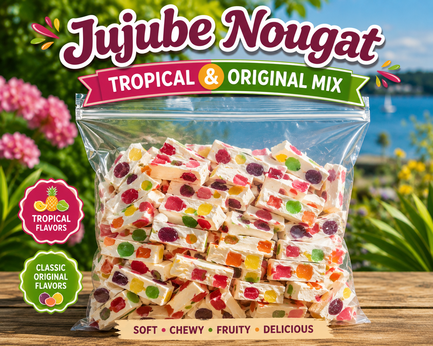 Jujube Nougat Tropical & Original Mix, Soft Chewy Candy