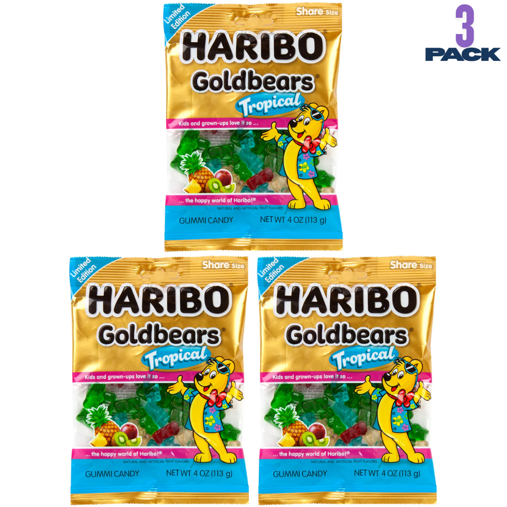 HARIBO Tropical Goldbears Gummies 3 Pack 4oz, Chewy Fruit Candy, Tropical Flavors, Bulk Party Snack Treats