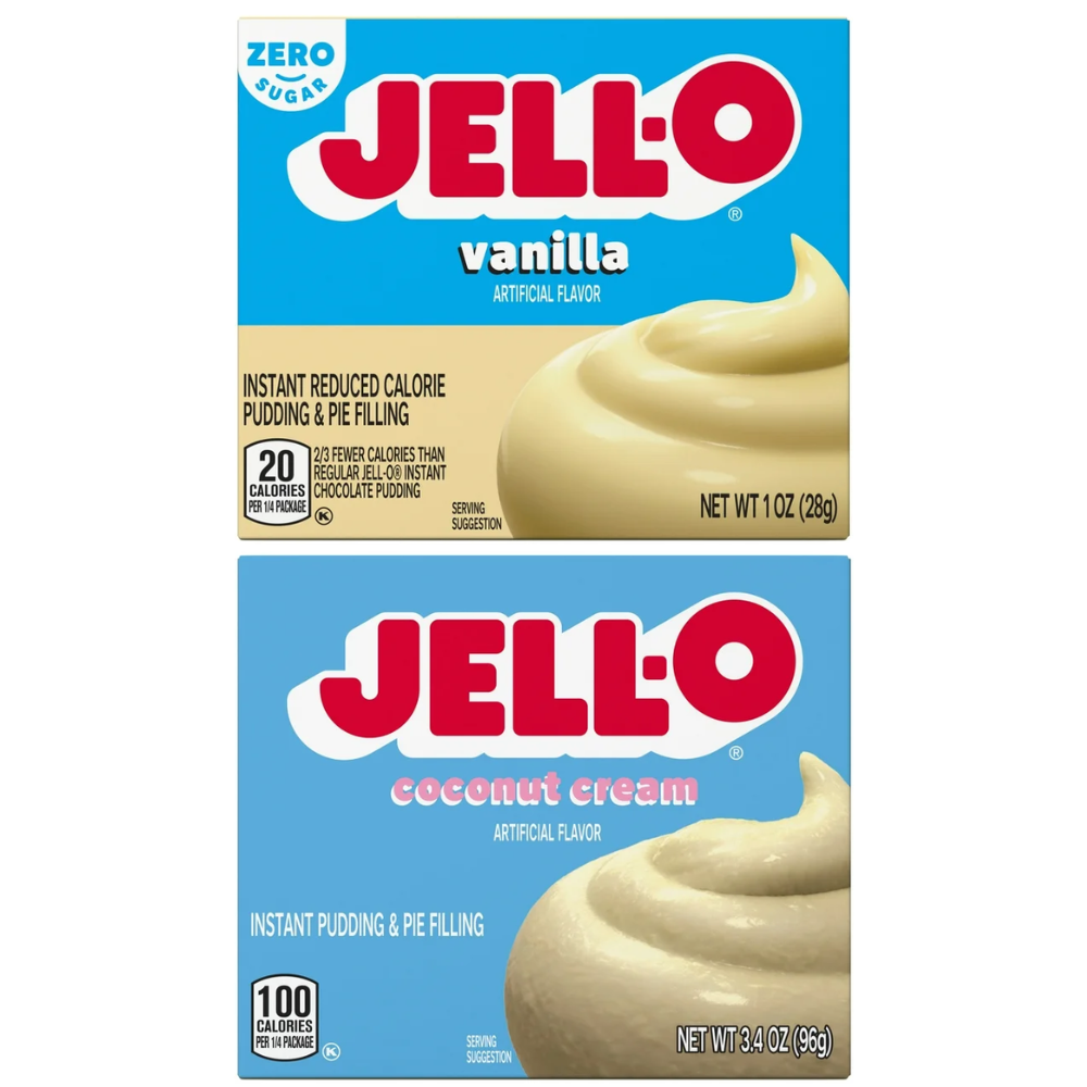 Jell-O Zero Sugar Pudding Mix 2 Pack, Vanilla & Coconut Cream, Low Calorie Instant Dessert, No Bake Pie Filling