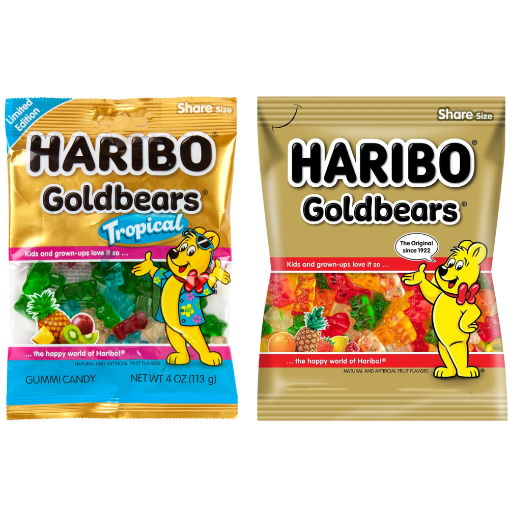 HARIBO Goldbears Gummy Candy 2 Pack Peg Bags, Original & Tropical Flavors, Chewy Gummies, Snack & Party Treats