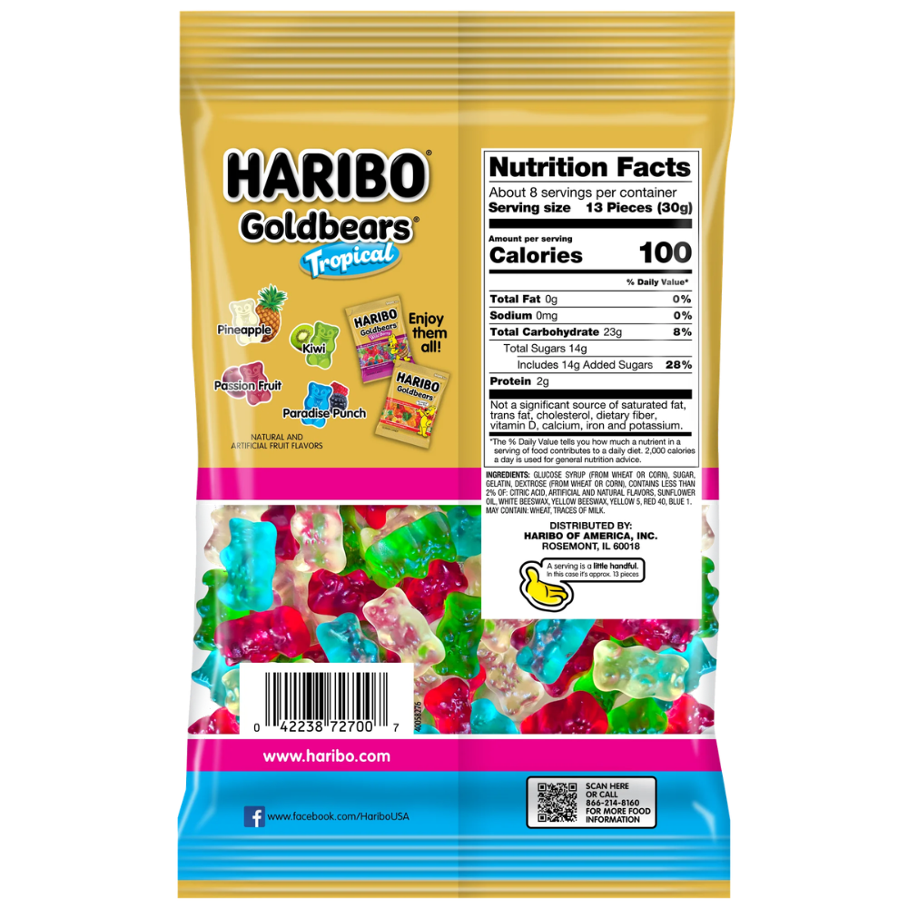HARIBO Goldbears Gummy Candy 2 Pack Peg Bags, Original & Tropical Flavors, Chewy Gummies, Snack & Party Treats