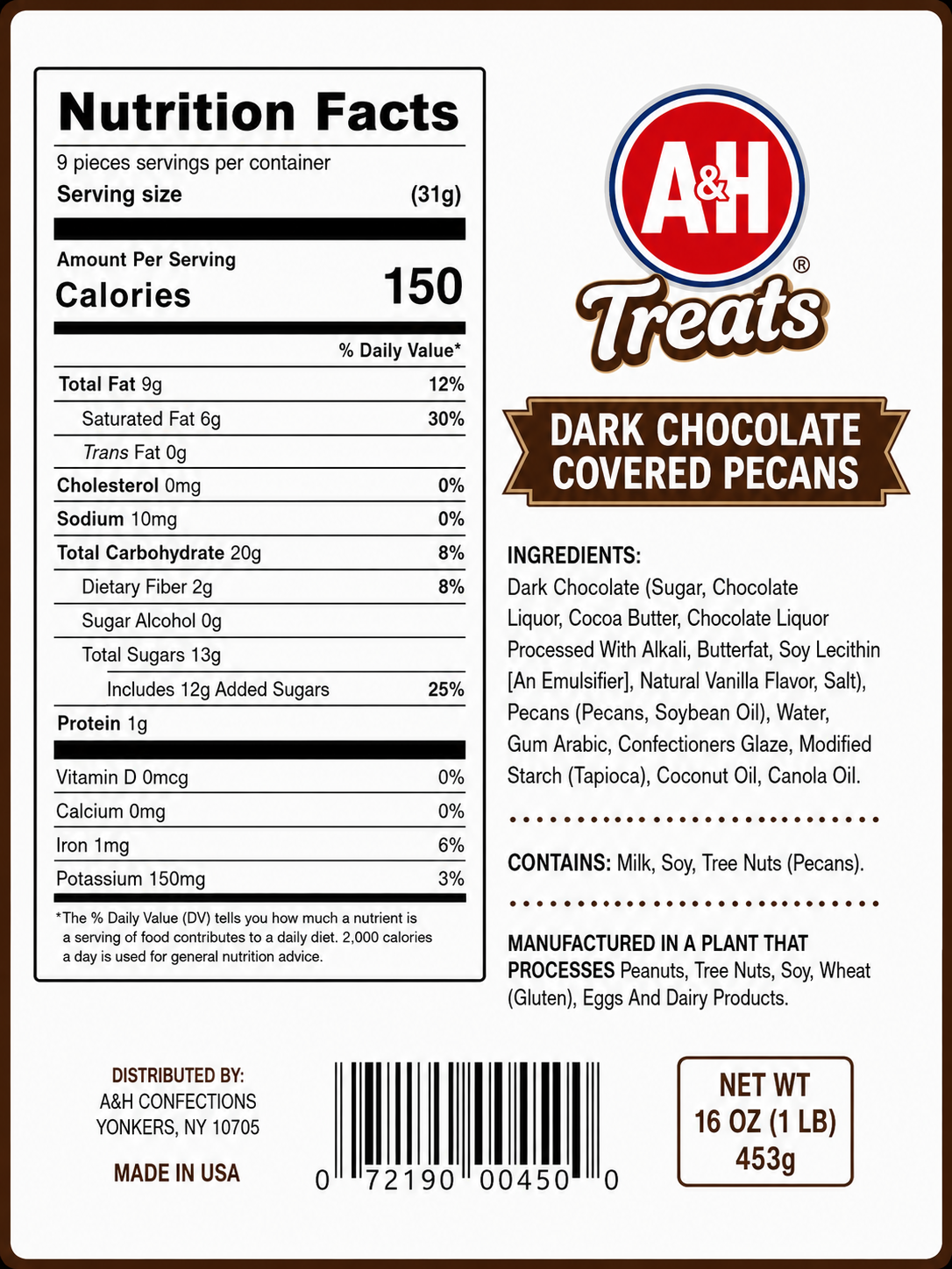 Dark Chocolate Covered Pecans 16 OZ Gourmet Chocolate Candy Snack with Premium Pecans