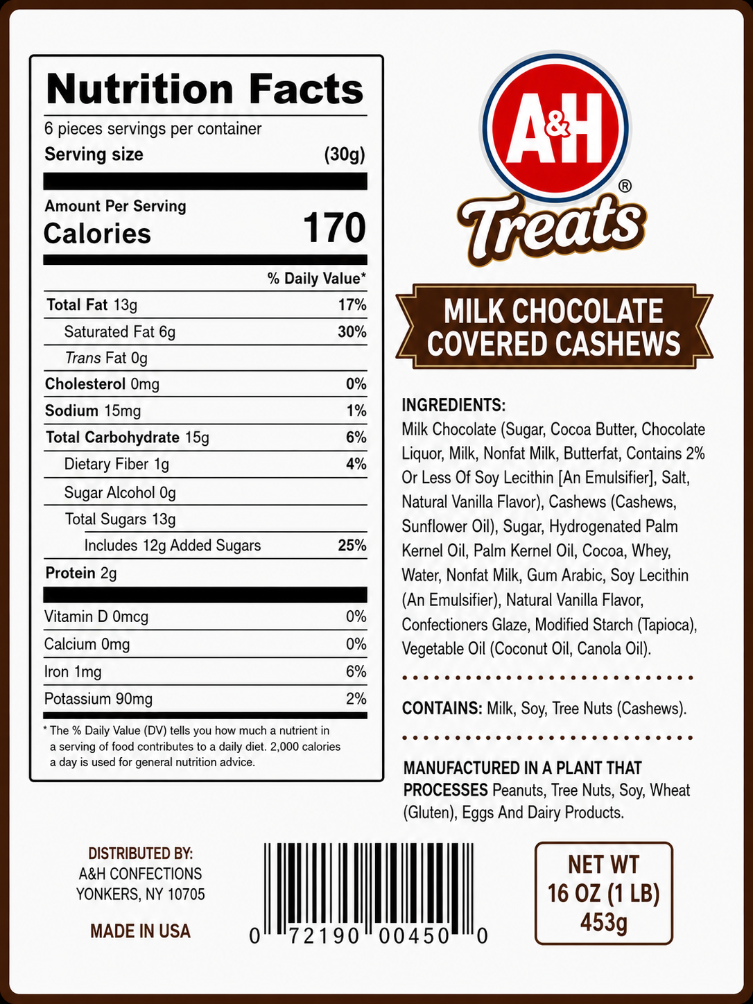 Milk Chocolate Covered Cashews 16 OZ Gourmet Chocolate Candy Snack with Premium Cashews