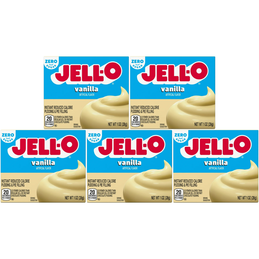 Jell-O Zero Sugar Vanilla Pudding Mix 5 Pack, Low Calorie Instant Dessert, No Bake Pie Filling, Sugar Free Snack