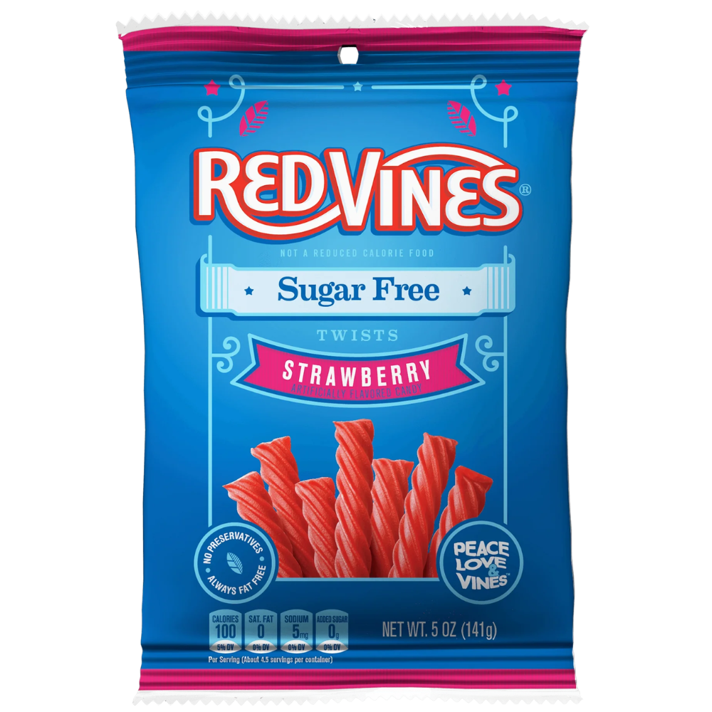 Red Vines Sugar Free Strawberry Licorice Twists (5oz), Soft & Chewy Candy, Low Calorie Snack