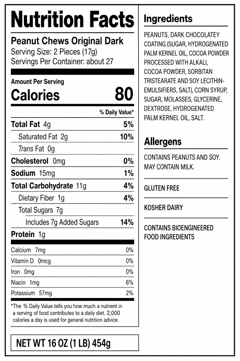 Peanut Chews Original Dark Candy 1 lb Bulk Bag, Individually Wrapped Peanut & Molasses Chews with Dark Chocolatey Coating