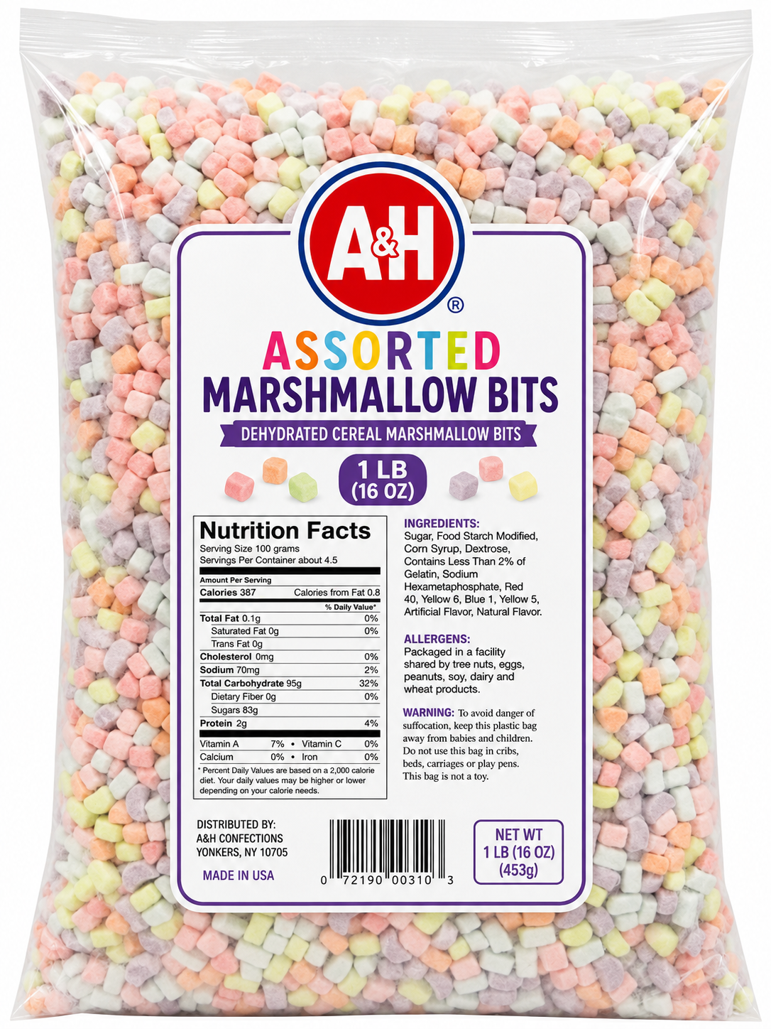Assorted Marshmallow Bits 1 Pound Bulk - Colorful Mini Marshmallows for Hot Chocolate Baking Desserts and Cereal Toppings