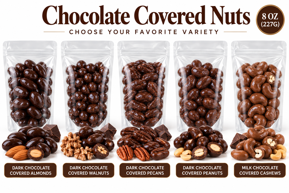 Chocolate Covered Nuts, 8 Oz Resealable Pouch – Choose