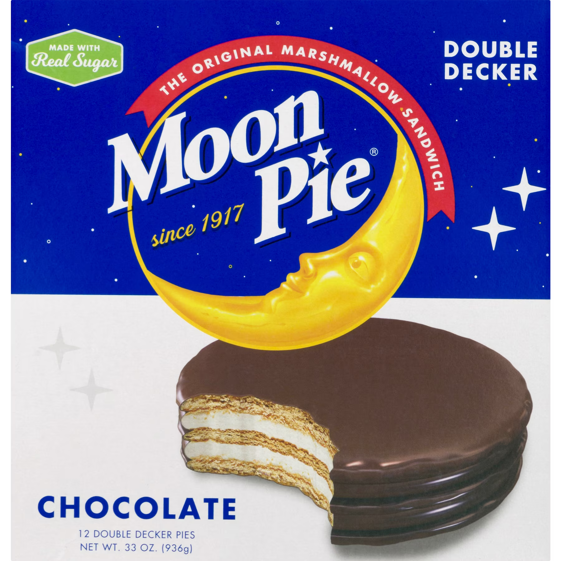 Chattanooga Moon Pie Double Decker Chocolate Cookies (12 Count), Marshmallow Sandwich Cookies, Classic Southern Snack Cakes