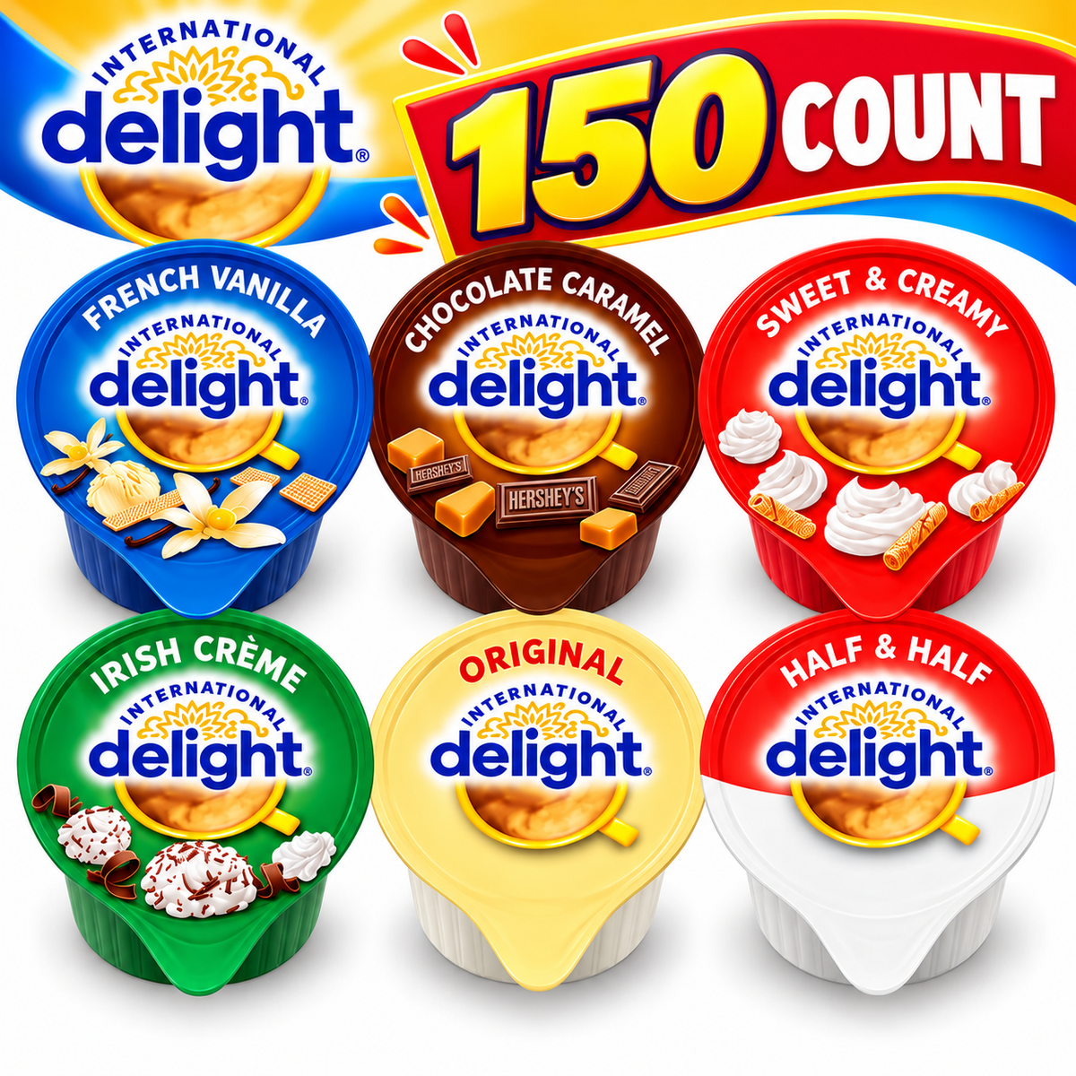 150 Count International Delight Assorted Flavors Individual Coffee Creamer Cups